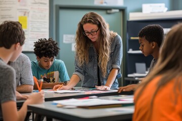 A classroom scene with students working on a group project, the teacher moving between desks, offering guidance