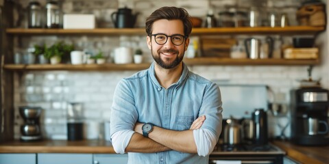 Fototapeta premium A man is standing in a kitchen with a smile on his face. He is wearing a blue shirt and glasses. The kitchen is well-equipped with various appliances and utensils, including a coffee maker, a toaster