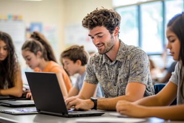 A high school classroom filled with natural light, where students are focused on their laptops, and the teacher is assisting one of them