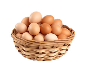 A beautifully arranged basket of fresh eggs, showcasing a variety of colors and sizes, perfect for culinary use and decoration.