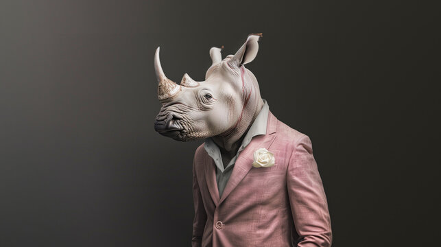 AA rhinoceros wearing a pink suit stands against a simple background, embodying the concept of fashion and animal protection, used for decorating paintings, portraits, avatars, and other scenes-2K