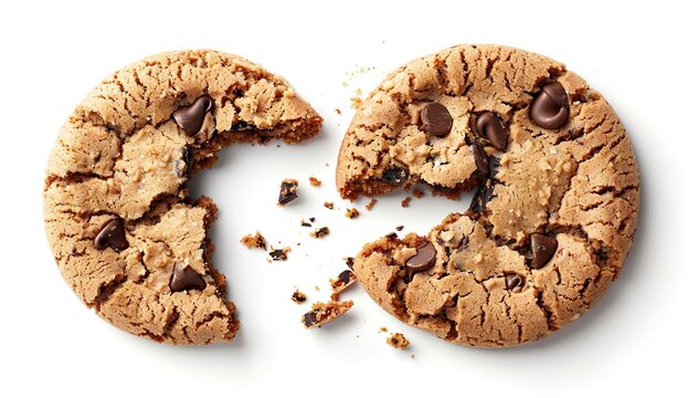 Two chocolate chip cookies broken in half with crumbs on a white background