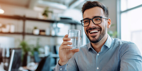 A man is smiling and holding a glass of water. Concept of happiness and contentment, as the man is enjoying his drink. The glass of water serves as a symbol of refreshment and hydration