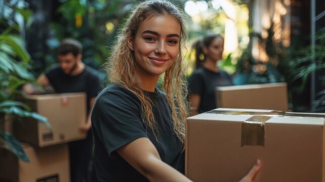 Group of Movers Pack Boxes for Delivery to Residential House, Generative AI