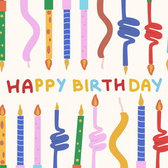Happy birthday vector flat background. Festive birthday candles background with inscription. Elements for cards, web, printing
