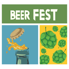 Oktoberfest retro vector poster with inscription. Openable bottle of beer, green hops and white inscription. Beer festival background. Trendy retro art for pub, bar, holiday party advertising