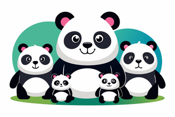 Fototapeta premium A family of four cartoon pandas with black and white fur
