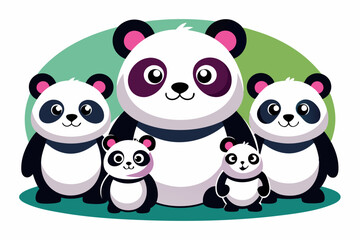A Family of Cute Cartoon Pandas Standing Together