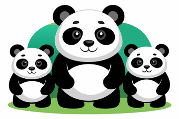 Fototapeta premium Three Cute Pandas Standing Together in a Green Meadow