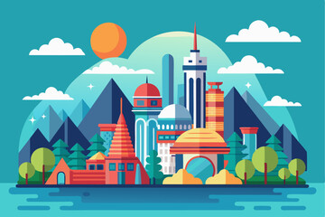 Fototapeta premium A Flat Design Cityscape with Tall Buildings, Mountains, and Water