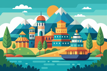 Fototapeta premium Flat Illustration of a Village by the Lake with Mountains in the Background