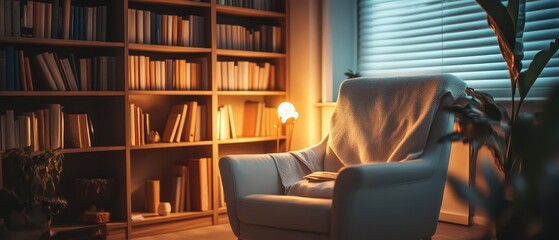 Calm, serene therapist office with bookshelves filled with psychology literature and soft ambient lighting