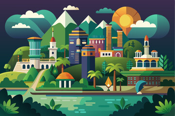 A Cityscape with Mountains, Buildings, Palm Trees, and a River