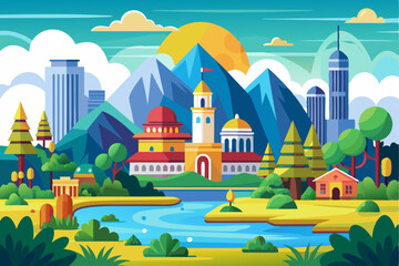 Fototapeta premium Cityscape with Mountains, Buildings, and a Winding River