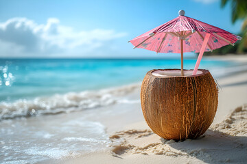Tropical Coconut Drink with Pink Umbrella on Idyllic Beach.