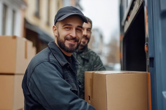 Professional Male Movers unloading furniture and cardboard boxes from truck, Generative AI