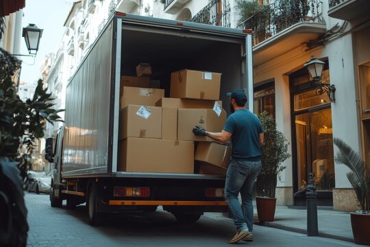 Professional Male Movers unloading furniture and cardboard boxes from truck, Generative AI