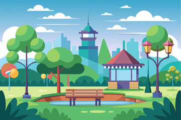 Fototapeta premium Park with a Gazebo, Bench, Pond and City Skyline