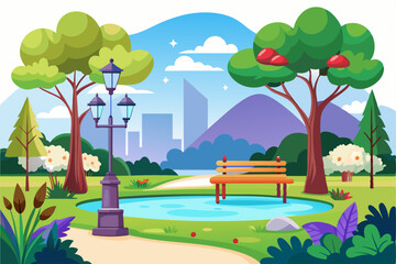 Tranquil Park Scene with a Pond, Bench, and Streetlight