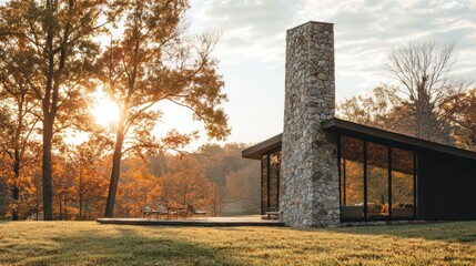 Fototapeta premium Modern stone chimney house with large windows in the autumn forest.