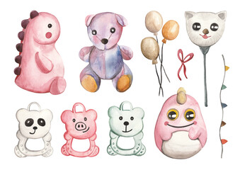 This watercolor set features an adorable collection of baby toys, including a pink dinosaur, colorful teddy bear, balloons, a cat-head wand, and various animal-shaped rattles. The soft pastel colors. 