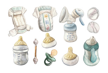 This watercolor set features an assortment of baby feeding and nursing essentials, including baby bottles, pacifiers, a breast pump, nursing pads, and diapers. 