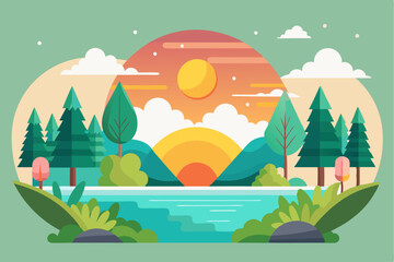 Naklejka premium A picturesque landscape with a lake, mountains, trees and a sunset