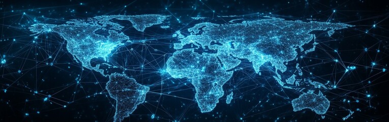 Digital Global Network Map in Cool Blue Tones