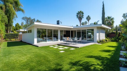 Modern home with large windows and a patio overlooking a lush green lawn.