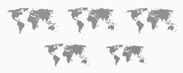 Set of flat earth world maps with hexagonal dots in different resolution. Round pixel pattern. Modern digital globe. Black dots on white background. Worldmap template for website, infographics, design
