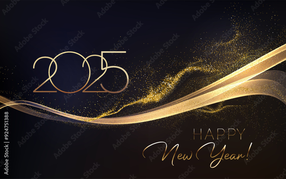 Poster 2025 happy new year abstract shiny gold wave with glitter design element