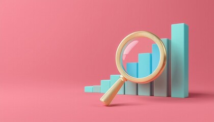A magnifying glass focusing on a rising bar graph, symbolizing analysis, growth, and data discovery in a modern design.
