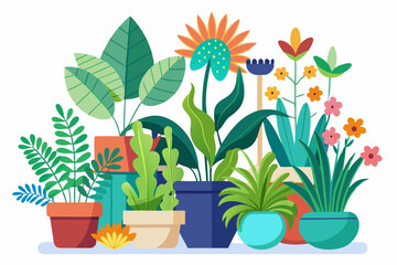 Fototapeta premium Colorful Potted Plants with Various Flowers and Leaves