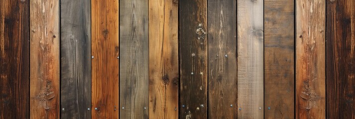 Obraz premium Vintage wooden planks in varying colors arranged vertically, creating a visually rich and textured background for various artistic purposes.