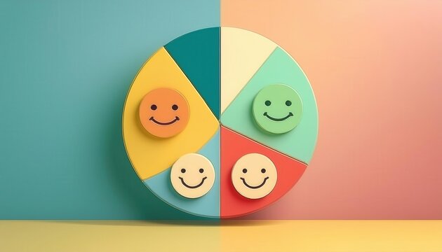 Colorful smiley faces arranged in a circular pie chart, representing positivity and happiness in a vibrant design.