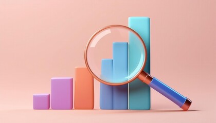 A colorful 3D graph with a magnifying glass highlighting data analysis and growth trends in a peach background.