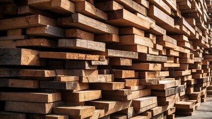 Cut wood stacked, Wood texture, Lumber commodity, Industry background.