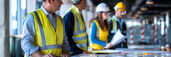 A group of people wearing safety vests and helmets are discussing projects and reviewing papers in a brightly lit construction site.