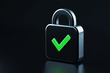A sleek lock icon with a bold green checkmark, set against a dark background, symbolizing verified security. 