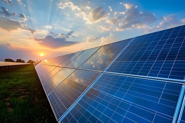 solar panels against the sky with a sunset