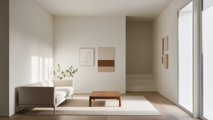 **Image Name:** Sunlit Minimalism: Serene Living Room in Warm Neutrals

**Tags:** 
minimalism, interior, living room, design, home, modern, furniture, sofa, decor, architecture, interior design, neutr