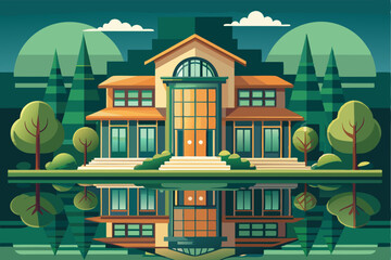 Fototapeta premium Modern House with Reflection in a Pond Surrounded by Trees