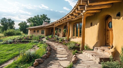 Stone path leading to a rustic, earthen home with a rounded roof and a wooden door.