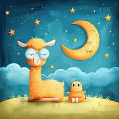 Cute baby llama cuddling with plush toy under starry night sky in cartoon watercolor style