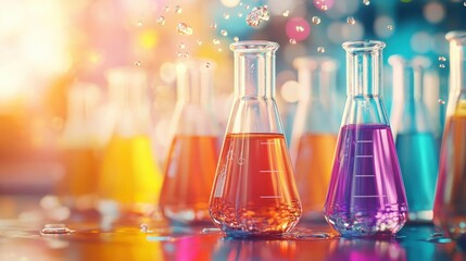 Colorful Chemical Solutions in Flasks.