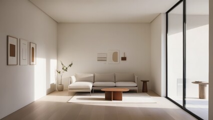 Sun-Kissed Minimalism: A serene living room bathed in warm sunlight, featuring a modern sectional sofa, minimalist decor, and access to a private balcony.