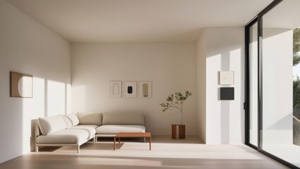 Fototapeta premium Sun-Kissed Minimalism: A serene living room bathed in warm sunlight, featuring a modern sectional sofa and minimalist decor, offering a sense of calm and tranquility.