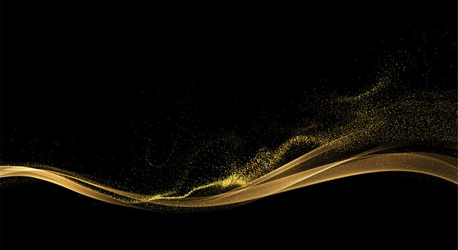 Abstract shiny Gold wave design element on dark background.