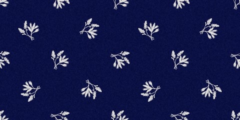 Indigo denim blue leaf motif seamless border. Japanese dye batik fabric style effect print edging swatch. 