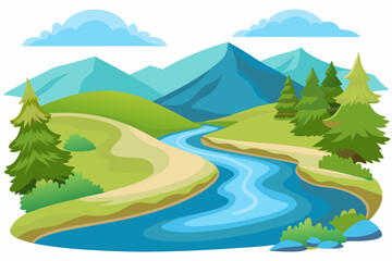 A Serene River Winding Through Lush Green Hills and Majestic Mountains